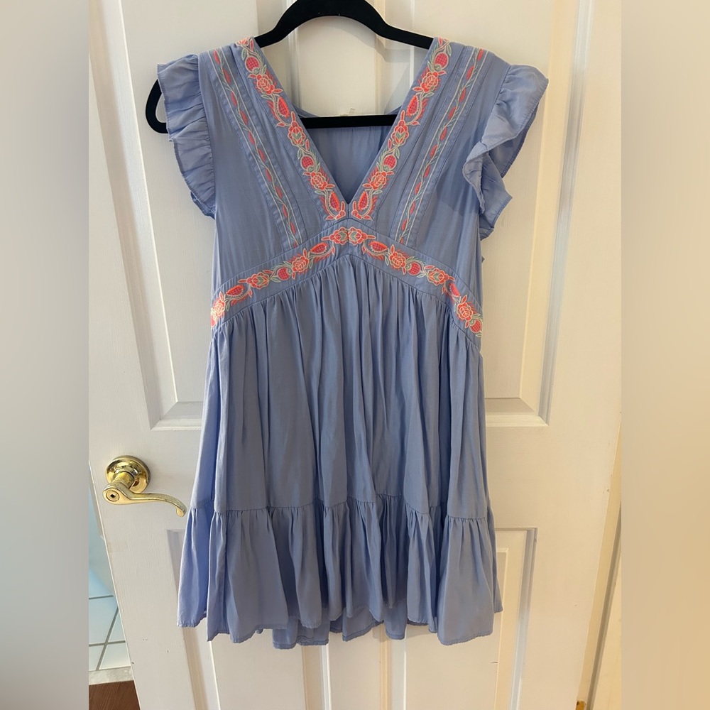 Entro Blue Mini Dress with Pink Embroidery